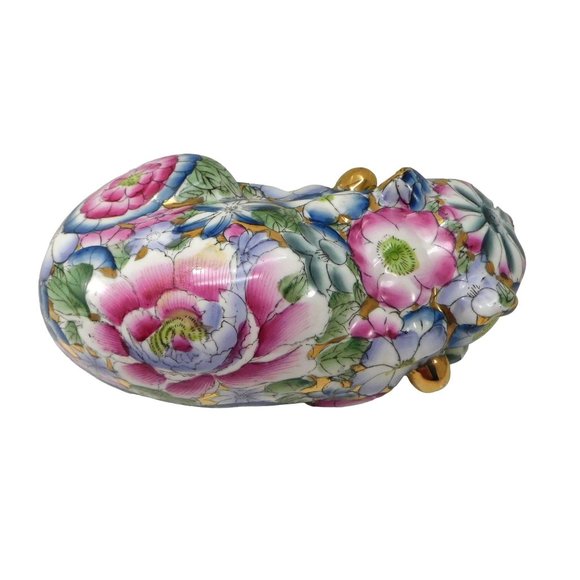 Vintage Peony Flowers Sleeping Cat Figurine Kutani Style Hand Painted 9.75" - Picture 5 of 9